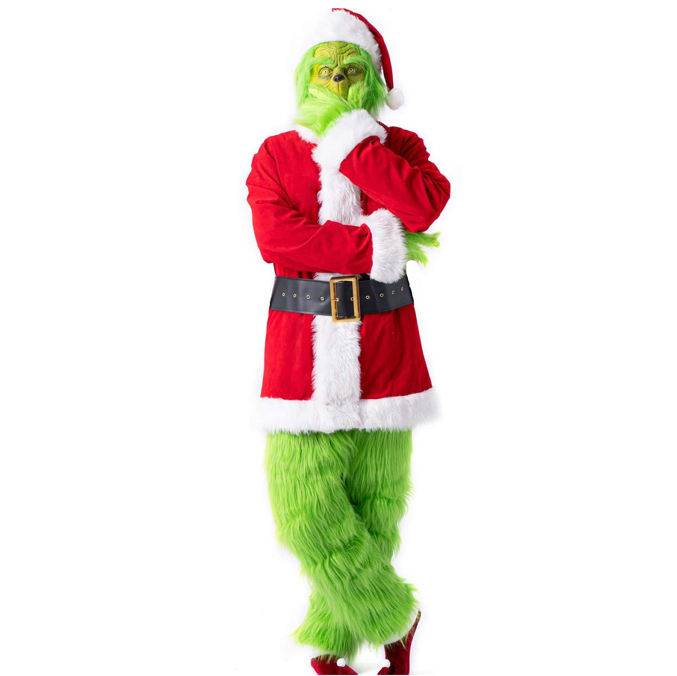 Christmas Green Big Monster Santa Costume 6 PCS Deluxe Furry Adult Santa Suit Xmas Holiday Outfit Set