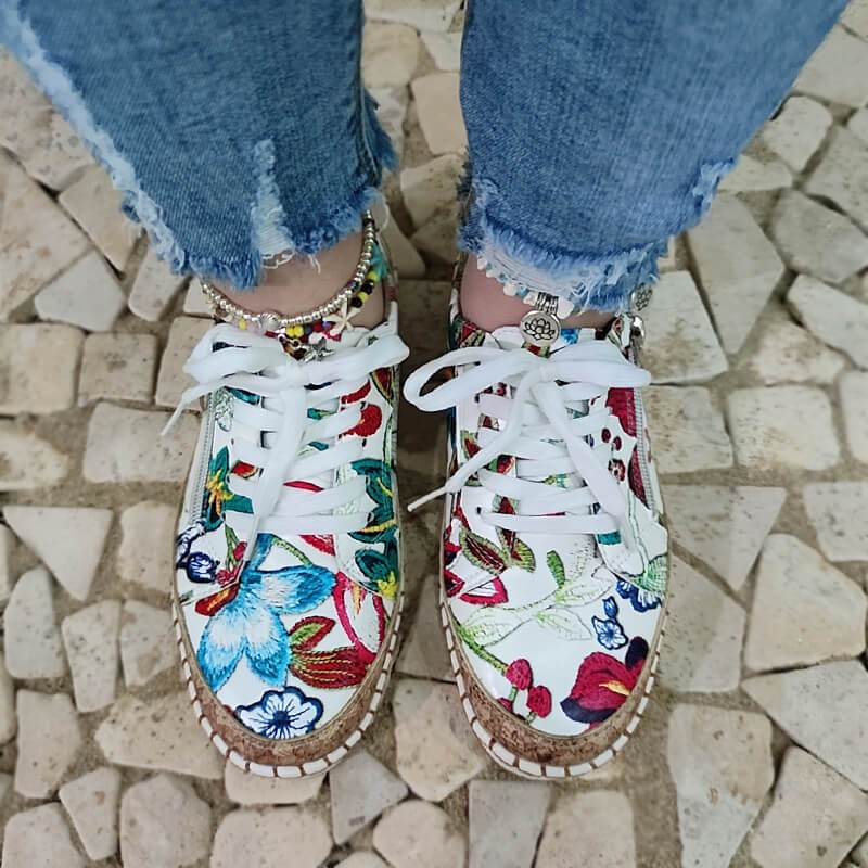 Women's Floral Zipper Lace-up Flat Heel Sneakers