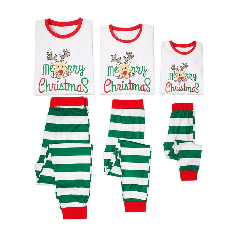 Green Stripes Matching Family Christmas Pajamas For Holiday Two Pieces