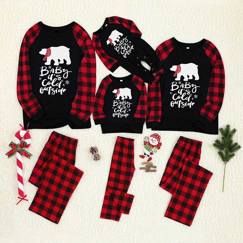 Christmas Family Matching Pajamas White Bear Prints Letter And Plaid Pant Family Pajamas Sets