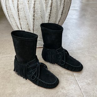 Womens Lady Fringe Tassel Moccasin Lace Up Faux Suede Ankle Snow Boots Shoes