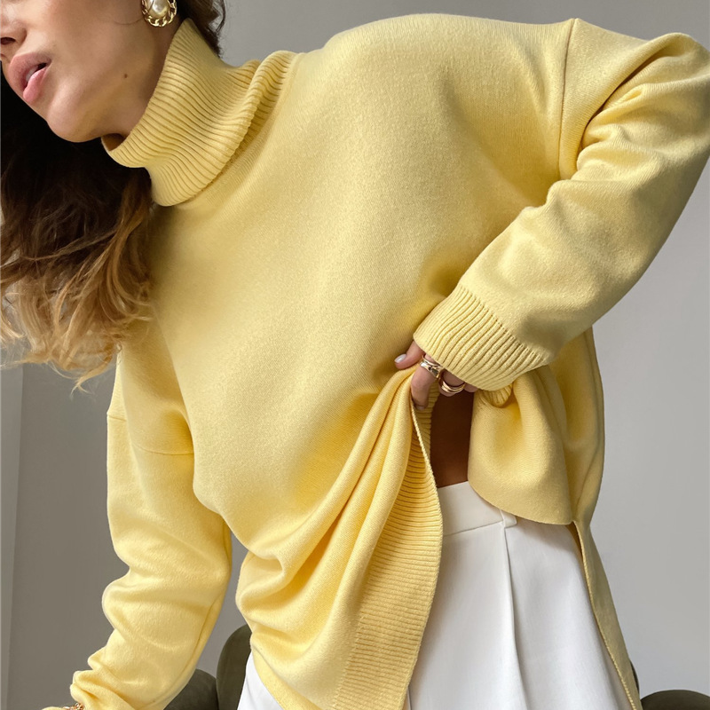 Women Yellow Solid Color Slit Turtleneck Sweater