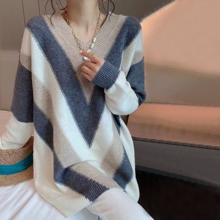 Womens Color Block Striped V Neck Sweater Long Sleeve Pullover Knitted