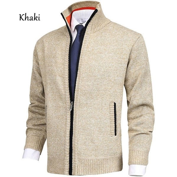 Men Solid Color Stand Collar Fashion Cardigan Sweater Knit Jacket