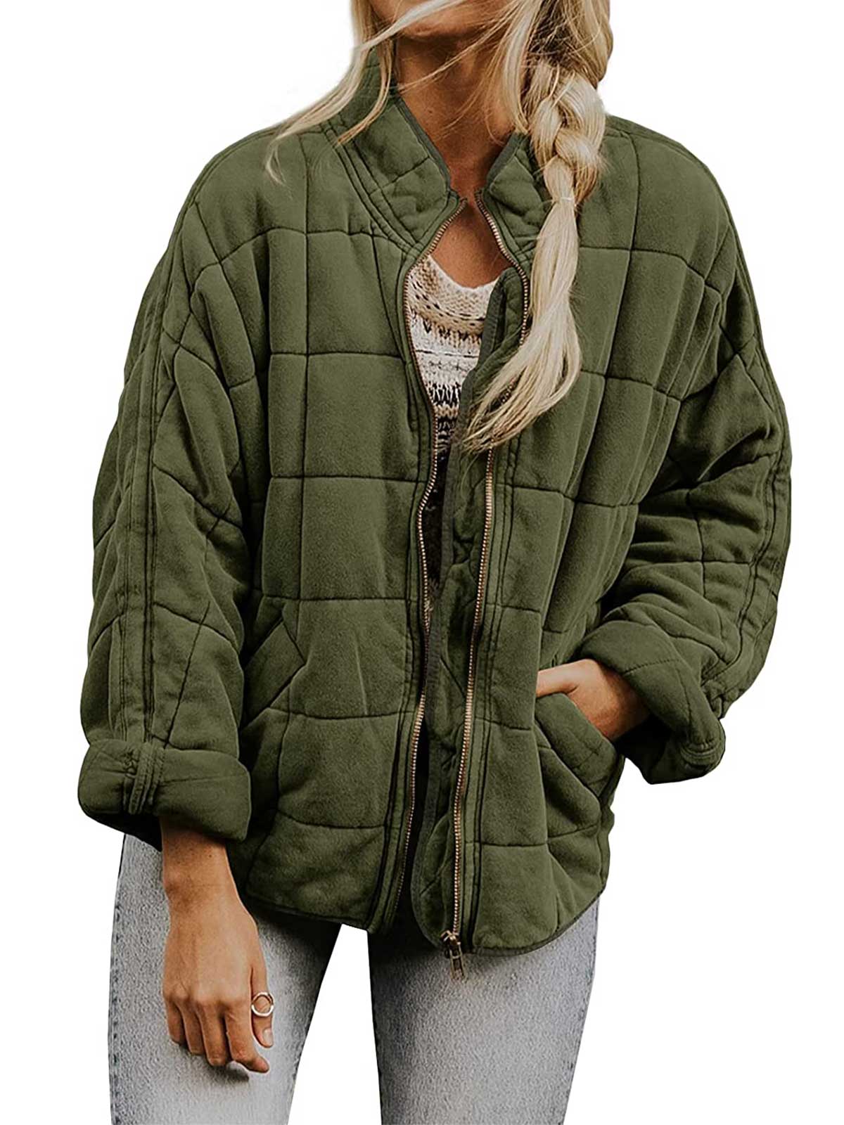 Women Coat Stand Neck Long Sleeve Zipper Outwear Full Zip Padded Jackets
