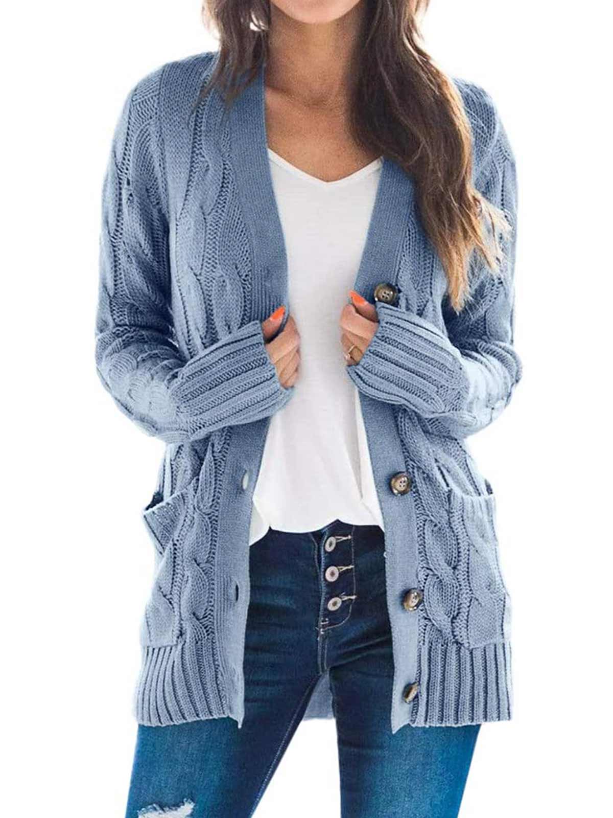  Knitted Solid Color Button Down Chunky Outwear Cardigan