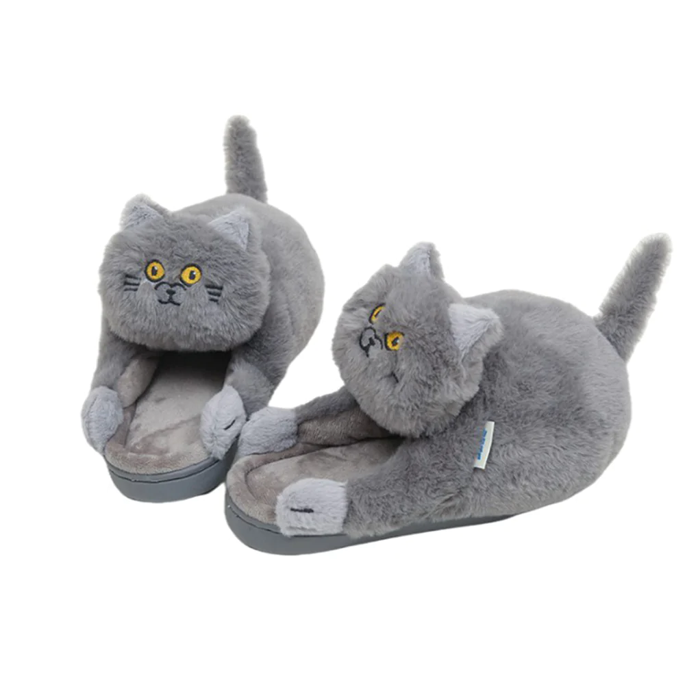 Women Men Winter Warm Plush Hugging Cat Slippers Cute Cat Home Antislip Shoes