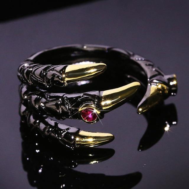 Adjustable Black Rhodium Ruby Jeweled Gothic Dragon Claw Ring