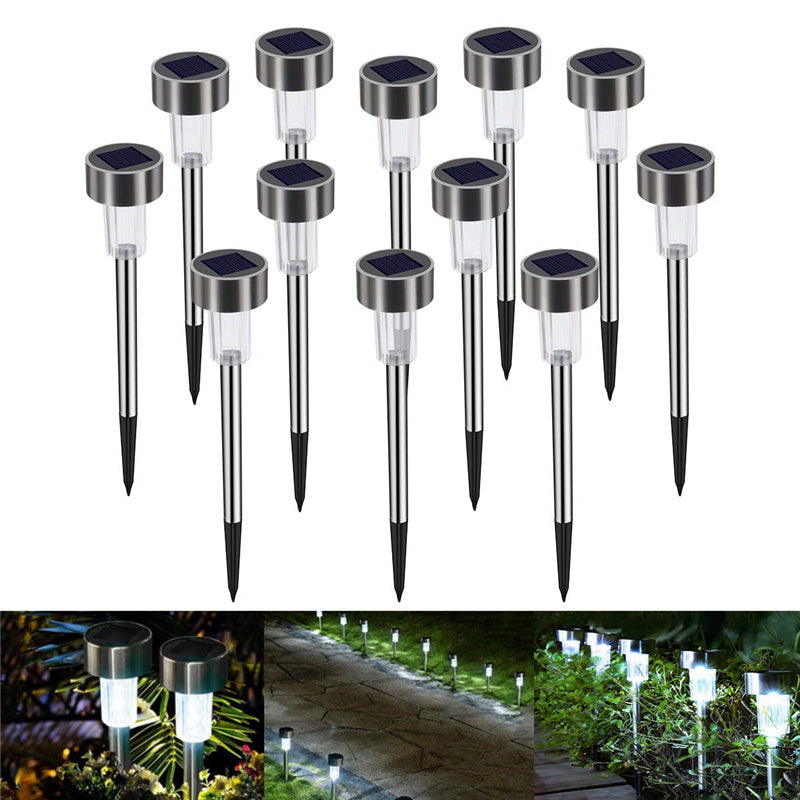 12 Packs Solar Glass Stainless Steel Waterproof Stake Lights For Outdoor Pathway Garden