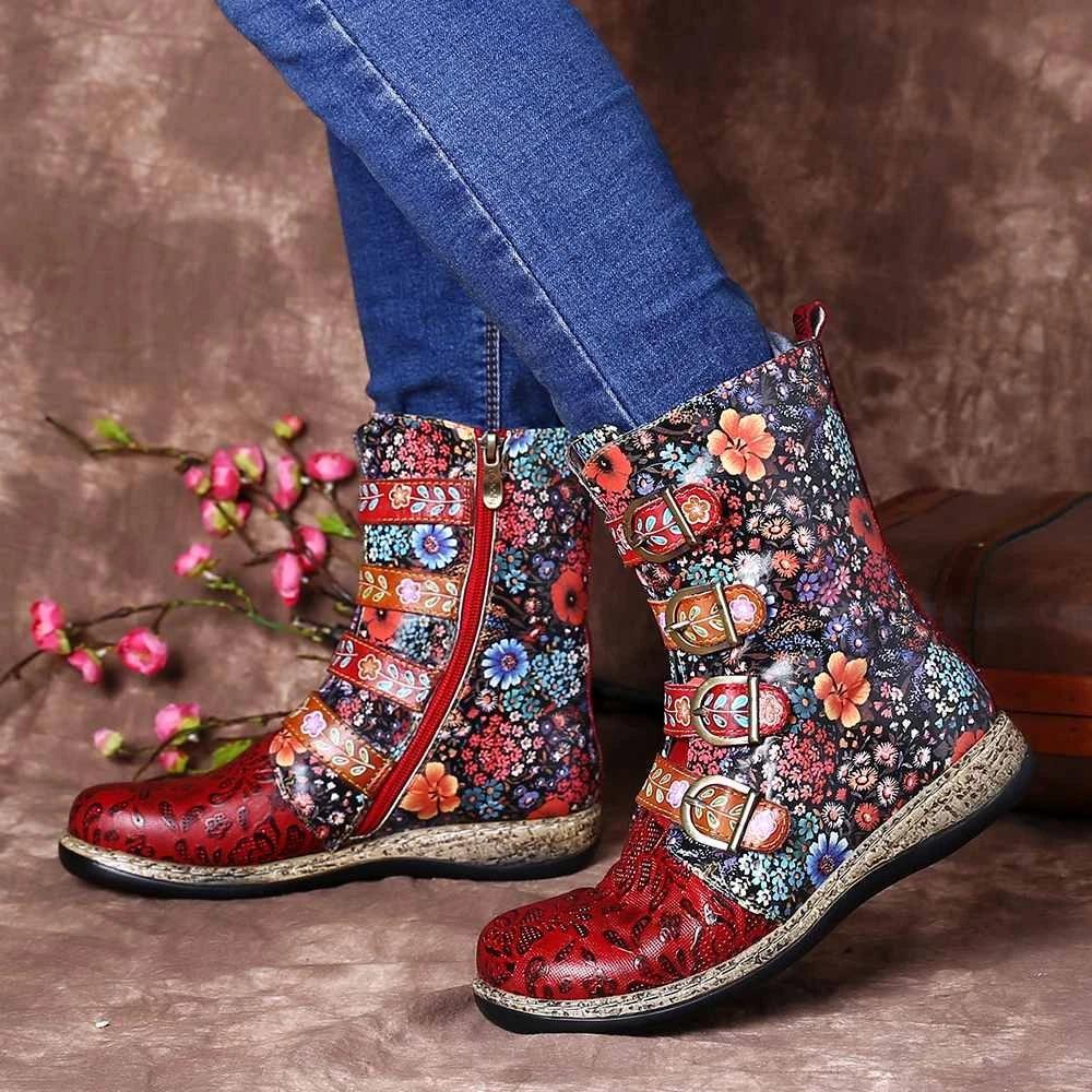 Women Folk Custom Flower Printed Winter Fall High Cut Buckle Strap Flat Boots
