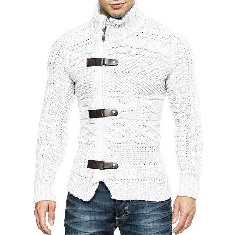 Winter Turtleneck Sweater Men's Color Matching Leather Button Long-sleeved Knitted Cardigan