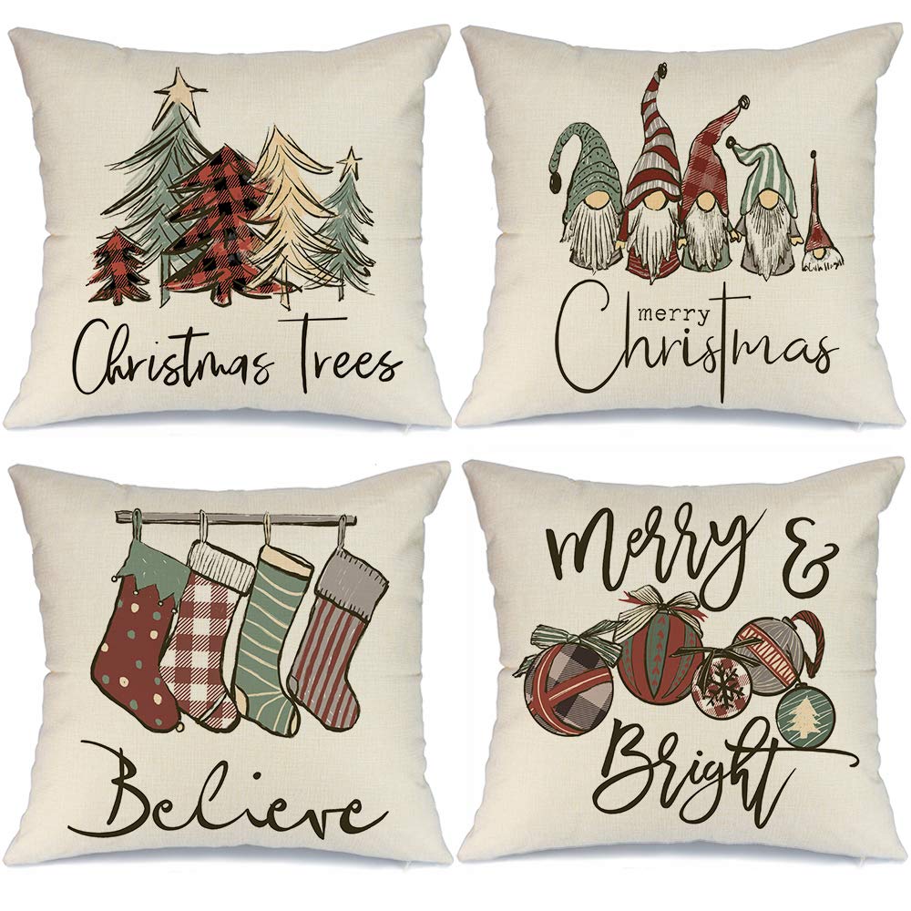 Christmas Pillowcase 18x18 Set of 4, Holiday Throw Pillow Farmhouse Christmas Decoration