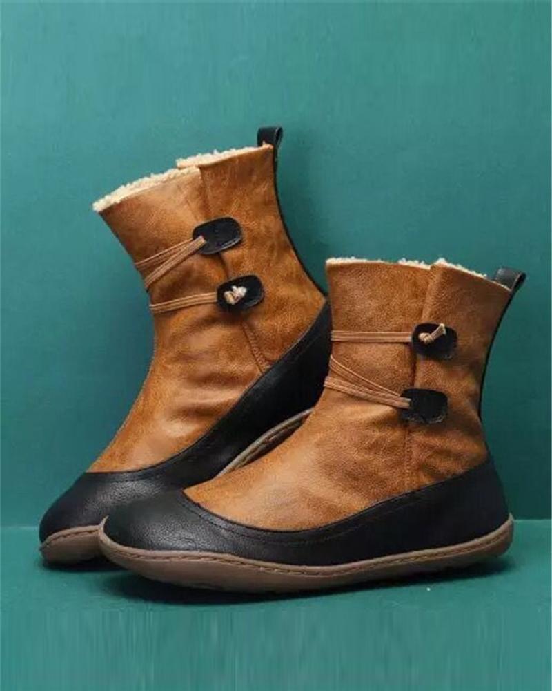 Coloblock Round-toe Double Buckle Flat Snow Boots