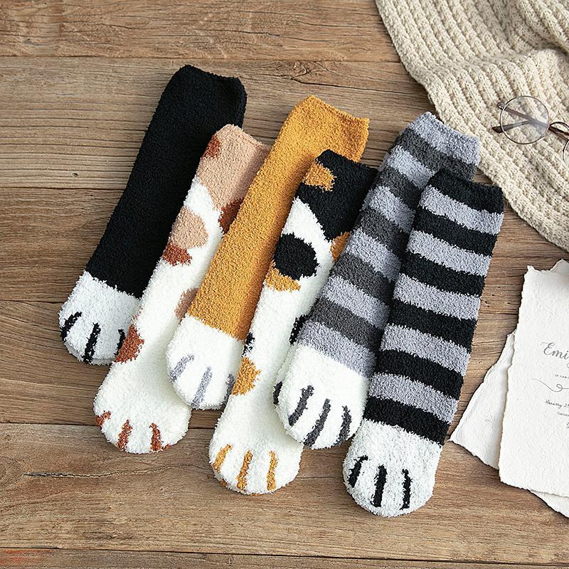 Women Socks Fashion Lovely Cat Claw Coral Thickening Fuzzy Middle Stockings Socks