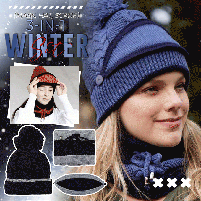 3 in 1 Winter Beanie Scarf Mask Set Warm Cap Hat Soft Knit For Women Outdoor