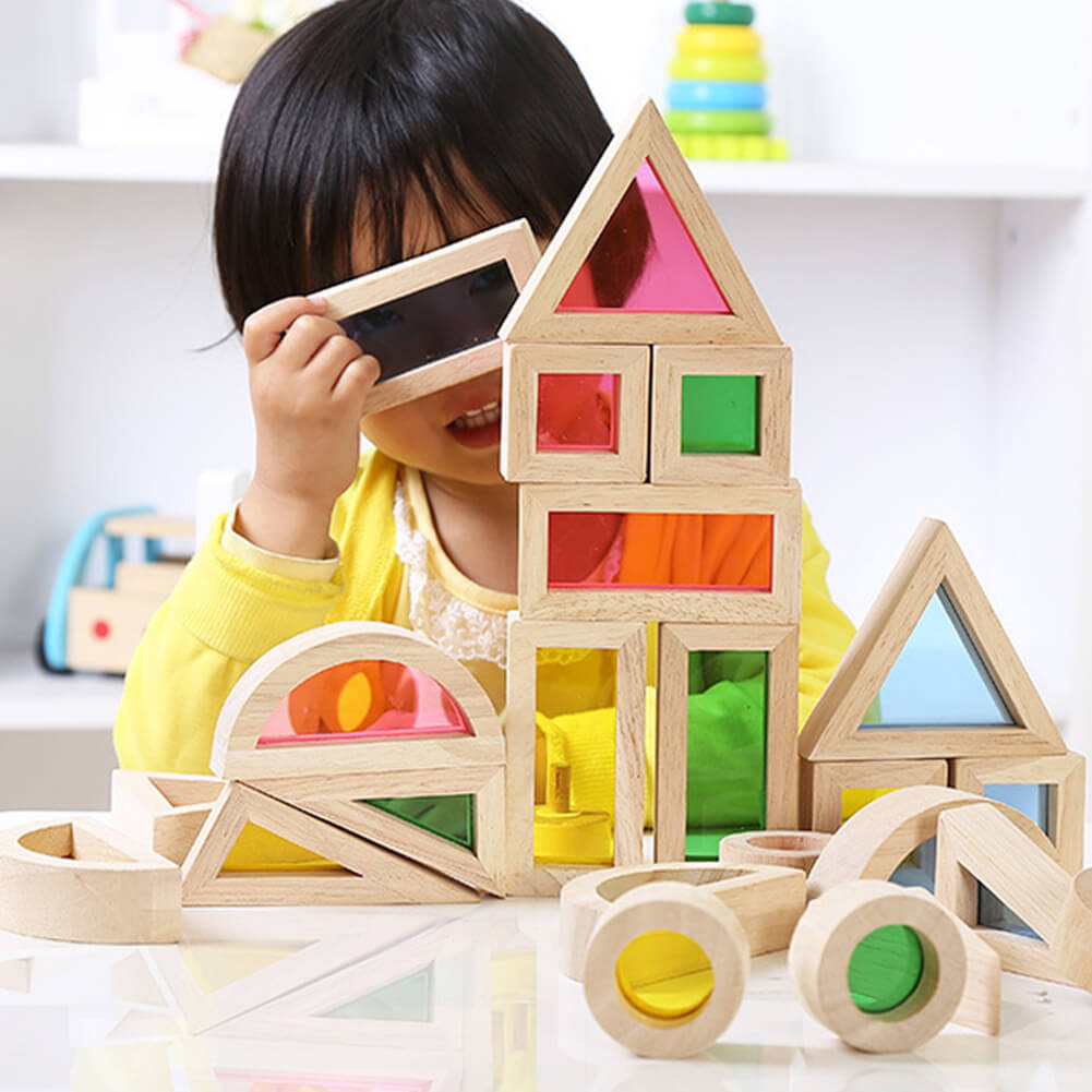 Wooden Building Blocks Set For Kids Geometry Sensory Rainbow Stacking Game Construction Toys