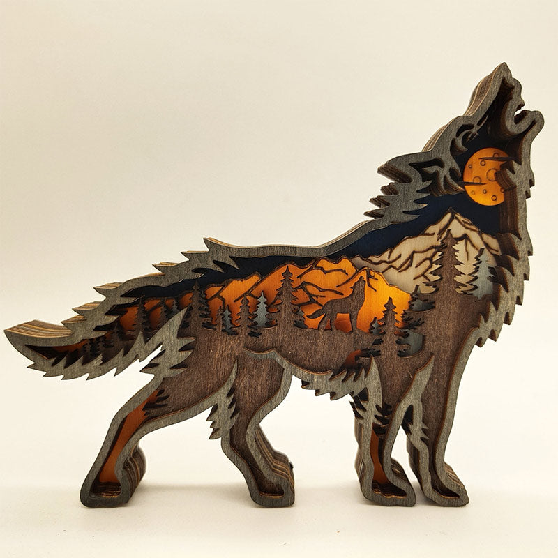 Wooden Wolf Sculpture Home Decoration Carved Forest Animal Figurine