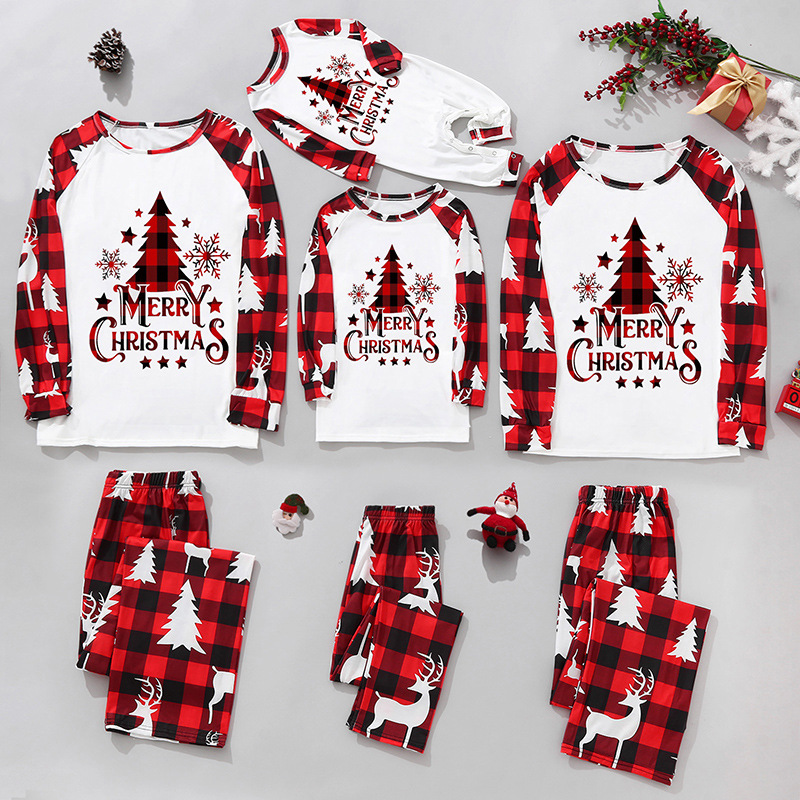Christmas Family Matching Sleepwear Pajamas Sets Merry Xmas Trees Snowflakes Tops Deer Plaids Pants