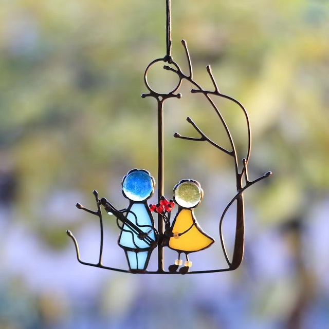 Stained Glass Angel Couple Under Tree Suncatchers For Windows Door Decoration