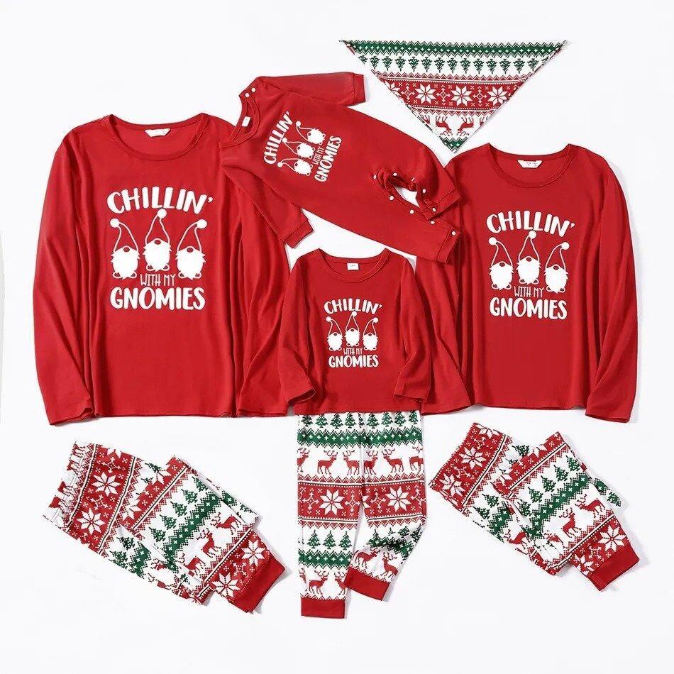 Christmas Gnome and Letter Print Red Family Matching Long-sleeve Plus Size Pajamas Sets With Pets