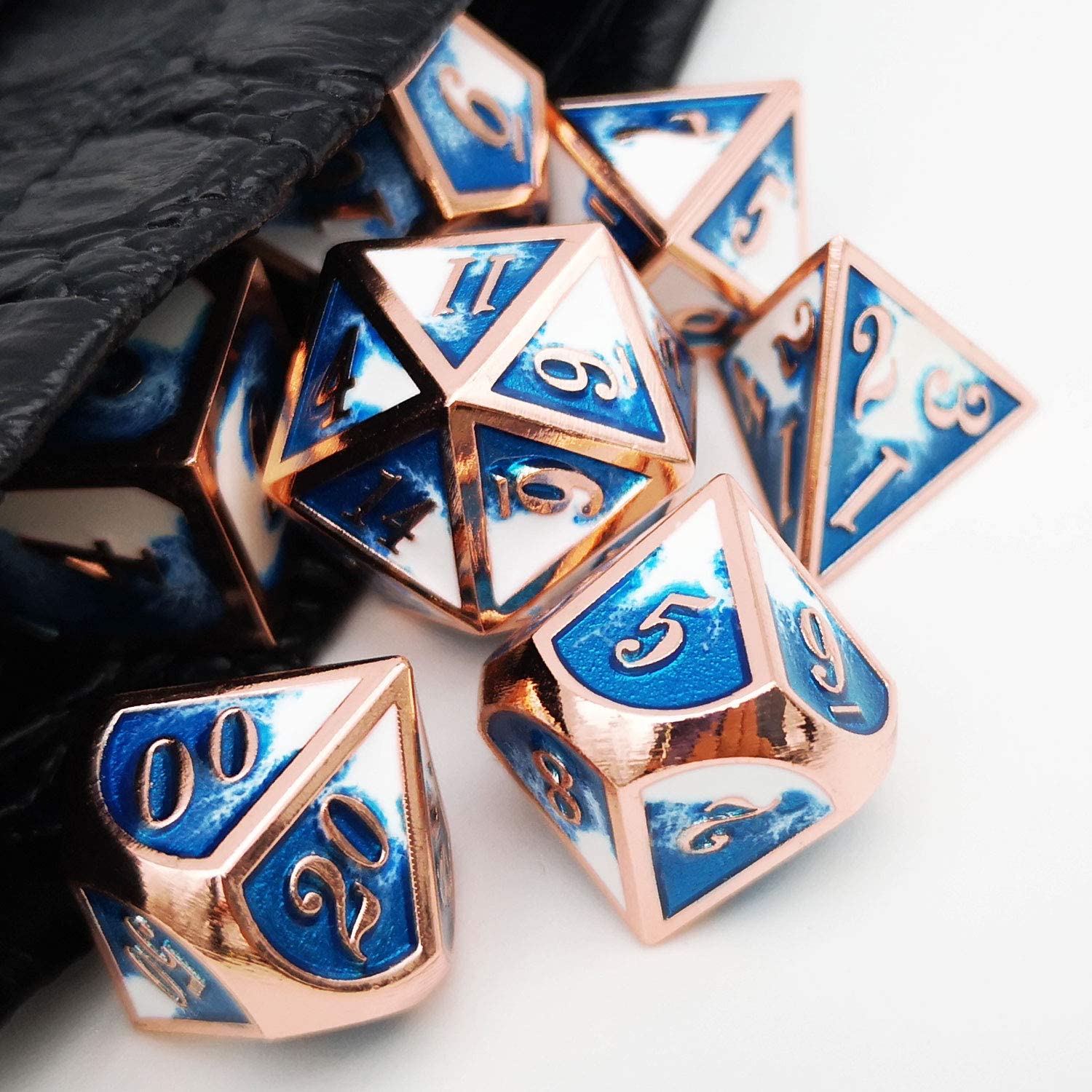 Rose gold with blue and white around the numbers