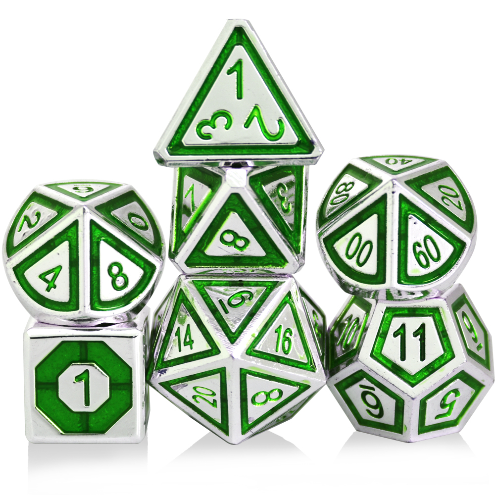 Embossed Character Electroplated Silver Green Metal Dice