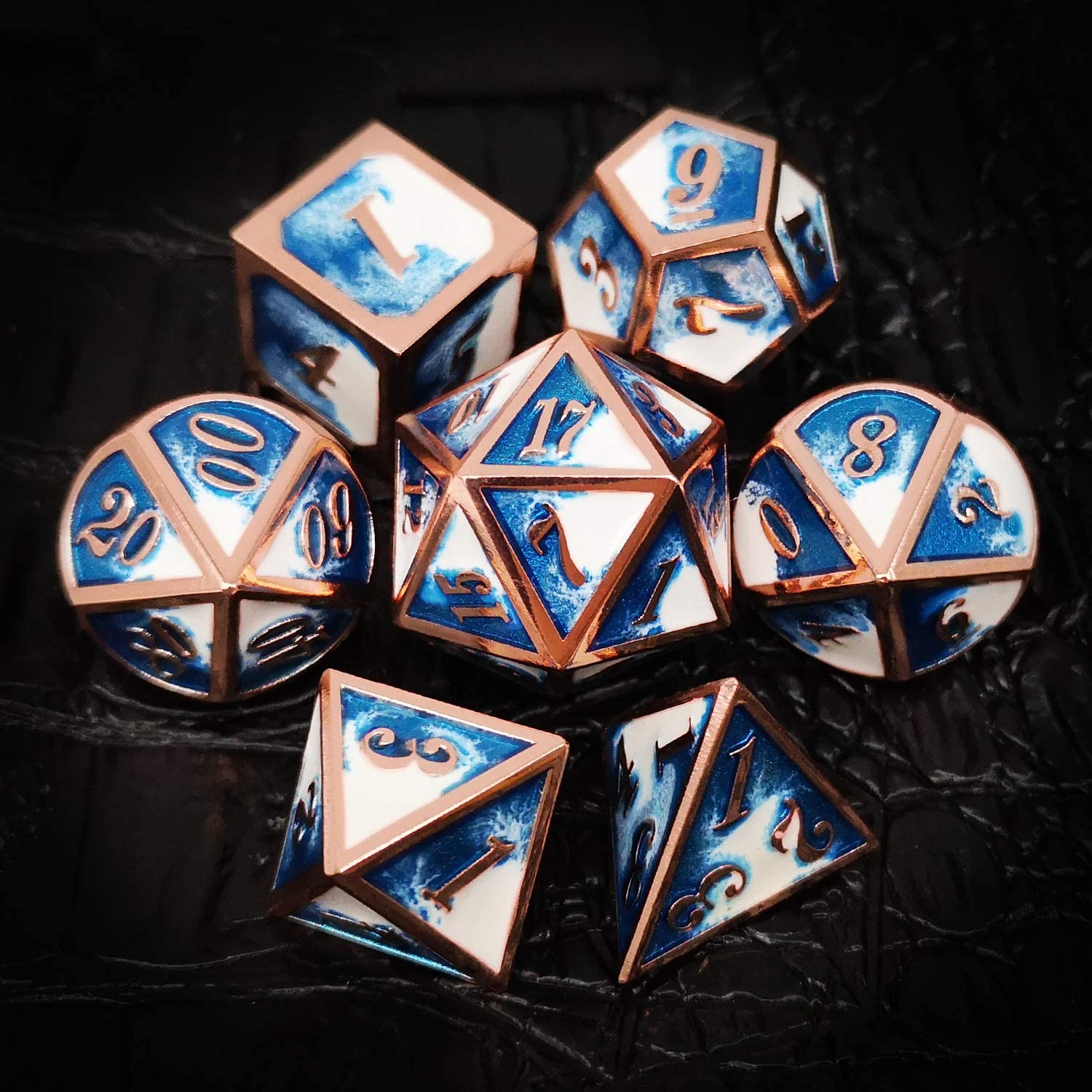 Rose gold with blue and white around the numbers