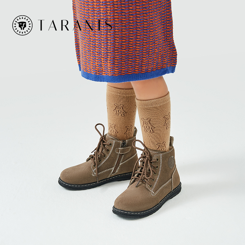 TARANISk'i'd2022 New Girls' Small Leather Boots With Velvet Warm Soft 