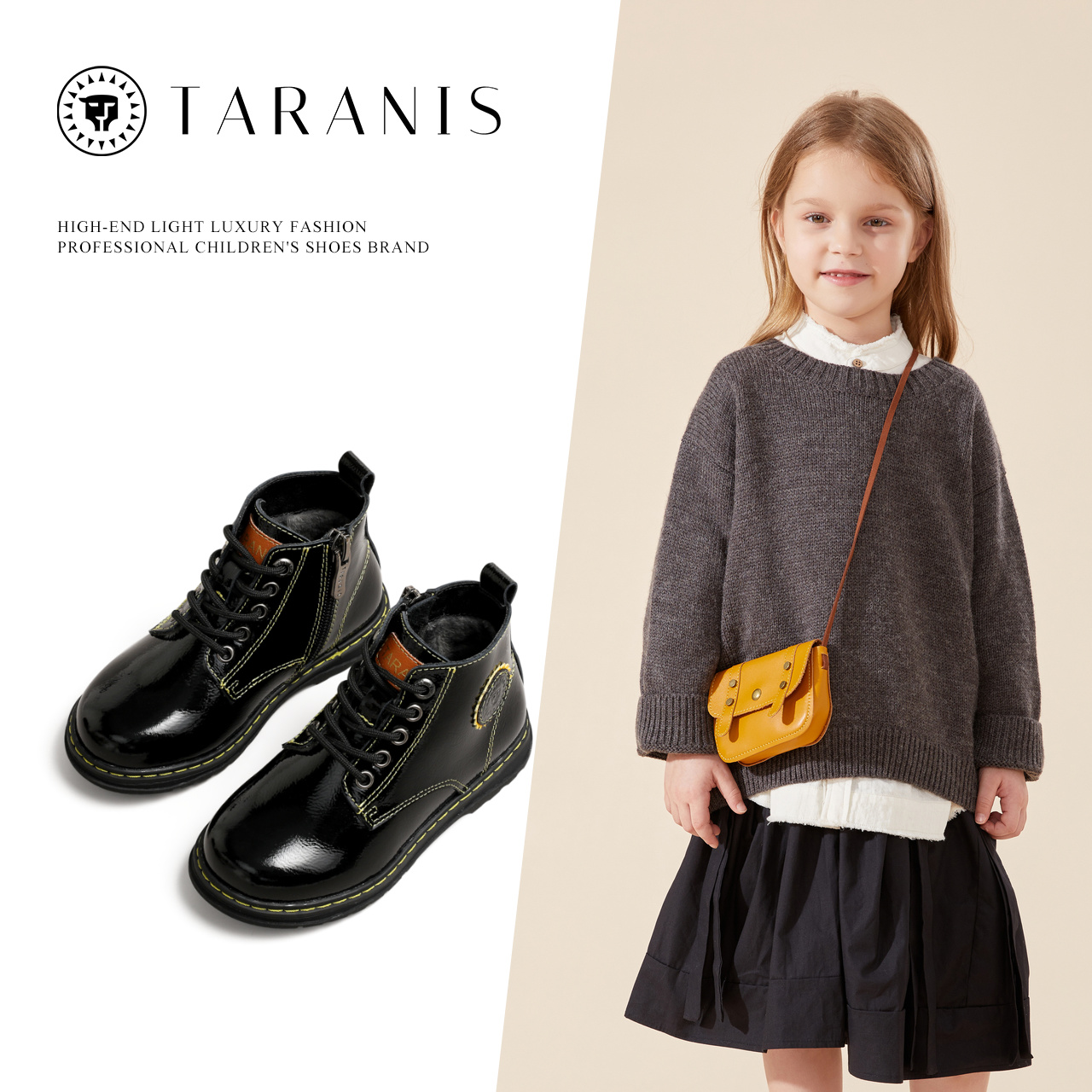 TARANIS Winter new girls' shoes children's boots English style Martin boots soft soled cowhide cotton boots with fleece
