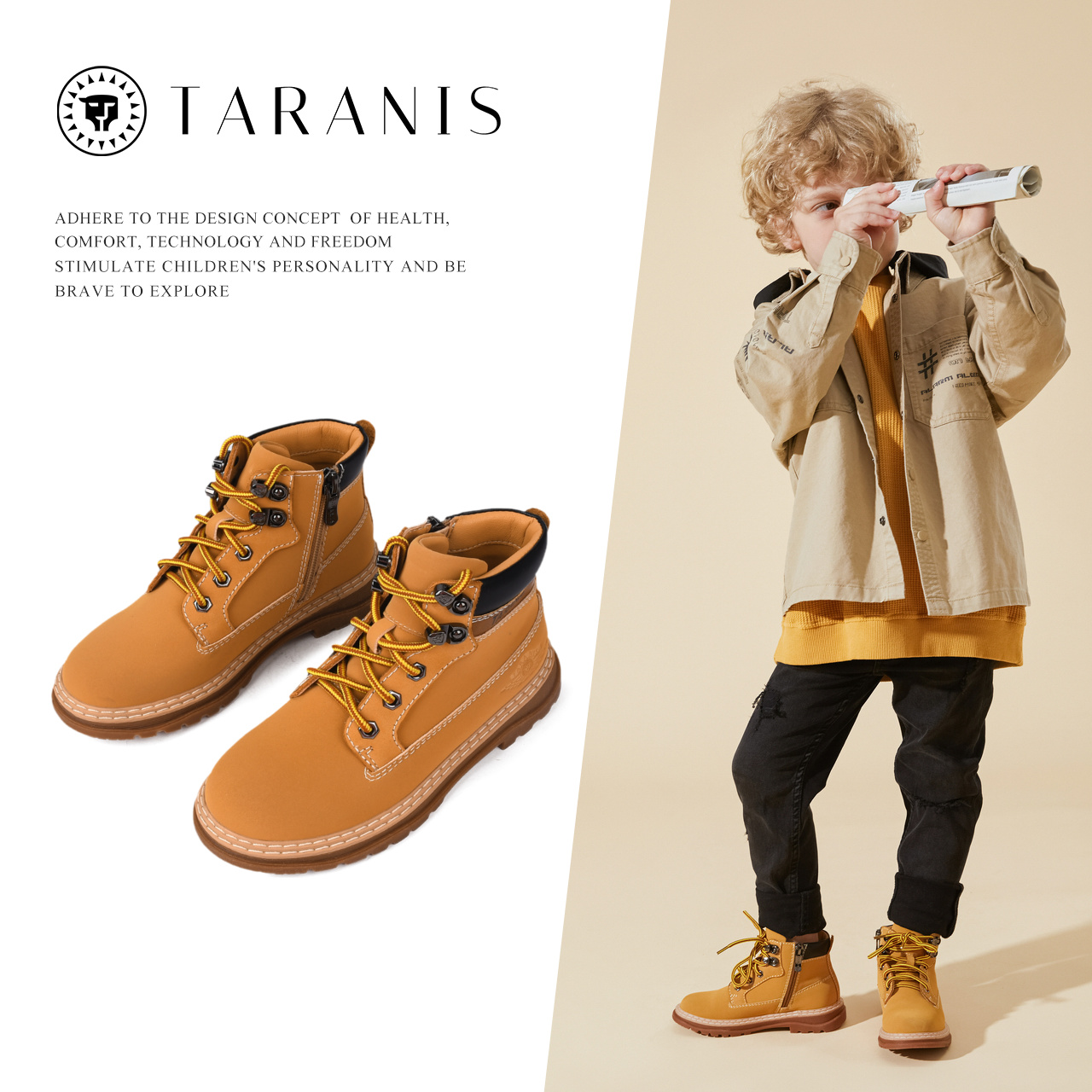 TARANIS Boys' Martin boots children's autumn new English style boots non-slip soft bottom middle tube small yellow boots