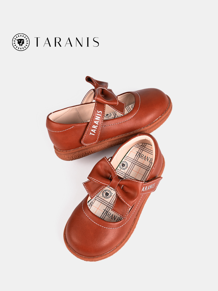 TARANIS Spring New Girls' Shoes Bow Tie Children's Shoes Soft Soles Princess Shoes Brown Single Shoes