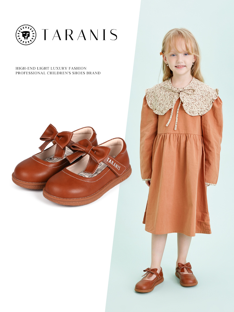 TARANIS Spring New Girls' Shoes Bow Tie Children's Shoes Soft Soles Princess Shoes Brown Single Shoes
