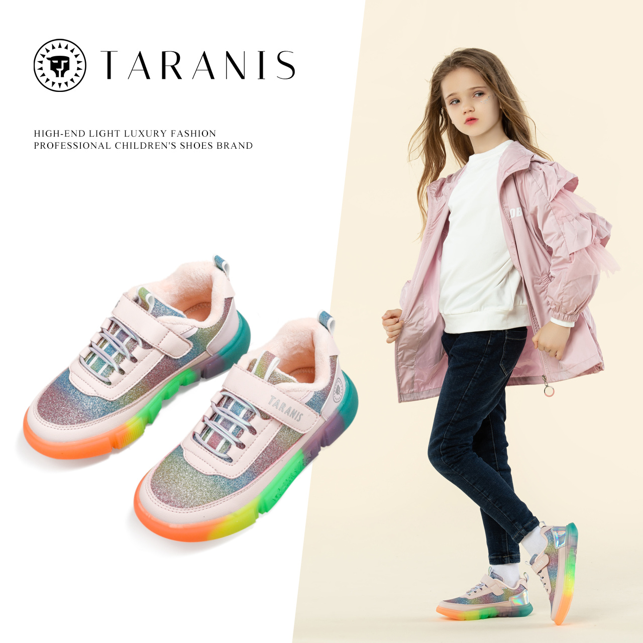 TARANIS Winter New Girls' Shoes Children's Sneakers with Velvet Rainbow Princess Glitter Soft Soles