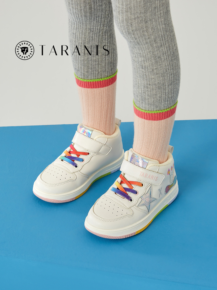 TARANISkids 2022 Winter New Style Small White Shoes For Girls With Fleece To Keep Warm