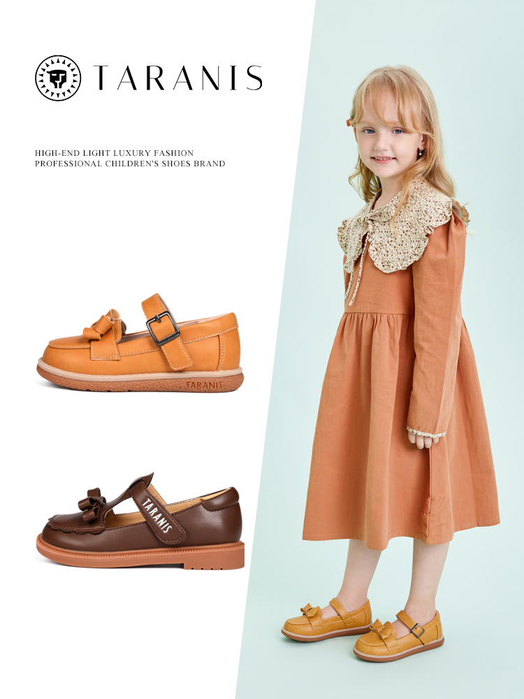 TARANIS Spring New Girls Single Shoe Children Bow Brown Soft Soles Show Shoes Children Princess Shoes