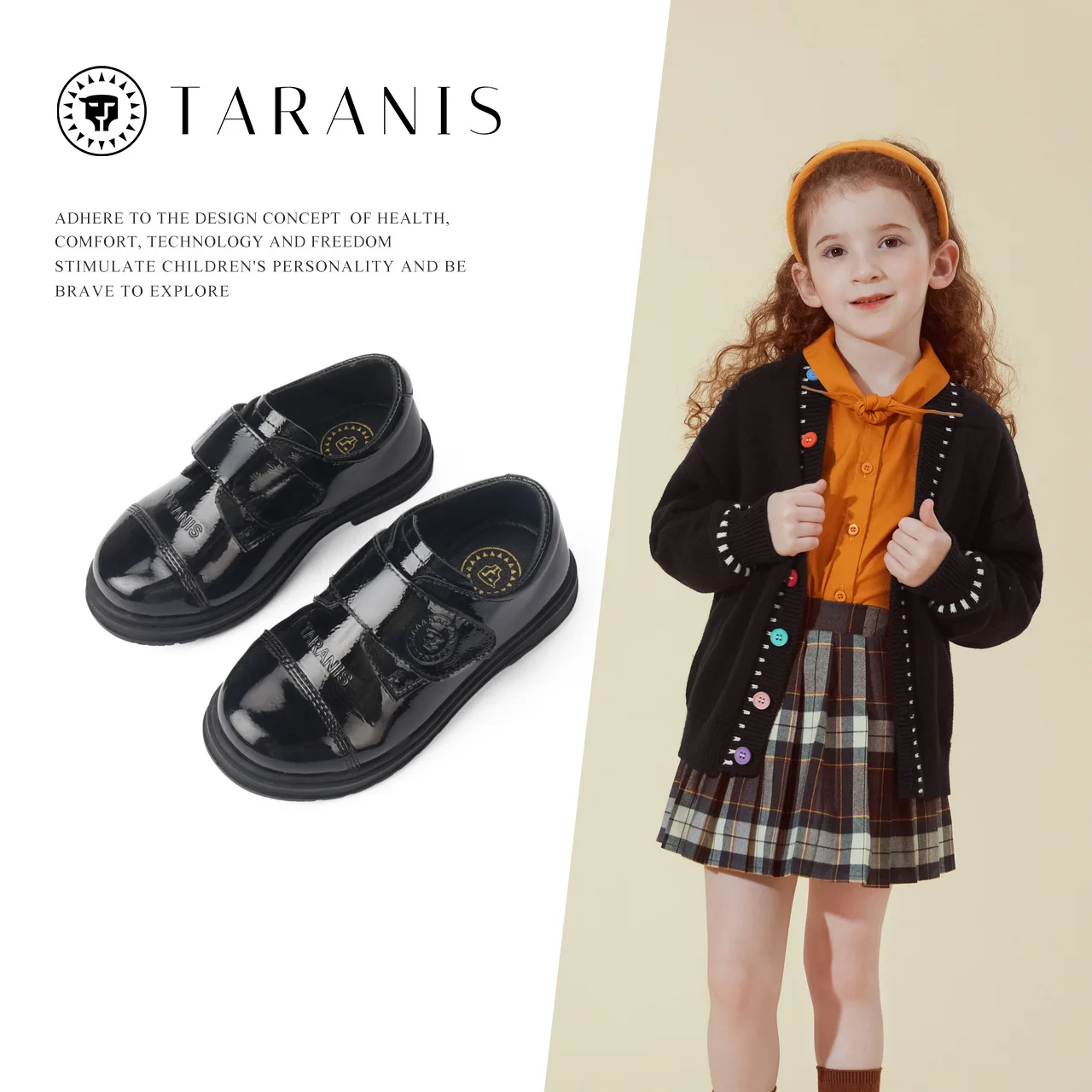 TARANIS Girls black performance leather shoes soft soled real leather shoes children retro casual single shoes
