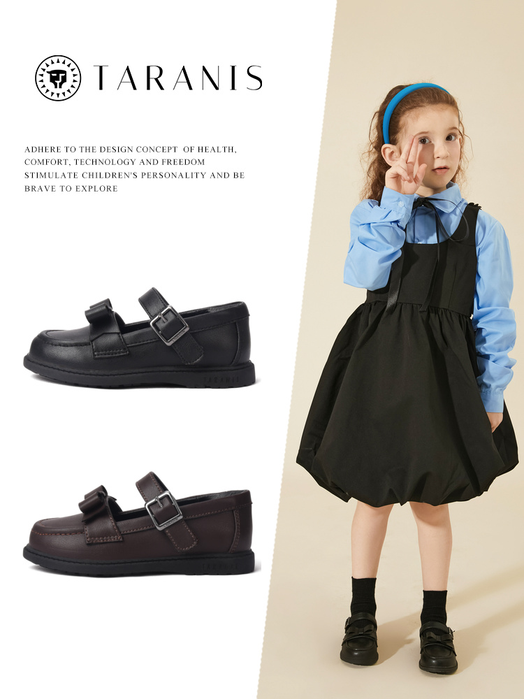 TARANIS New autumn black leather shoes for children girls show leather shoes anti-skid soft bottom students retro small leather shoes