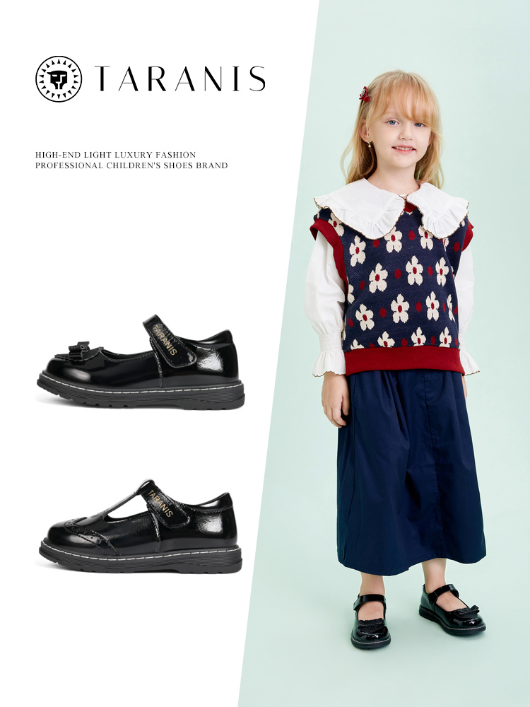 TARANIS Spring New Girls Shoes Children Princess Shoes Bow Single Shoes Black Real Shoes Show Shoes