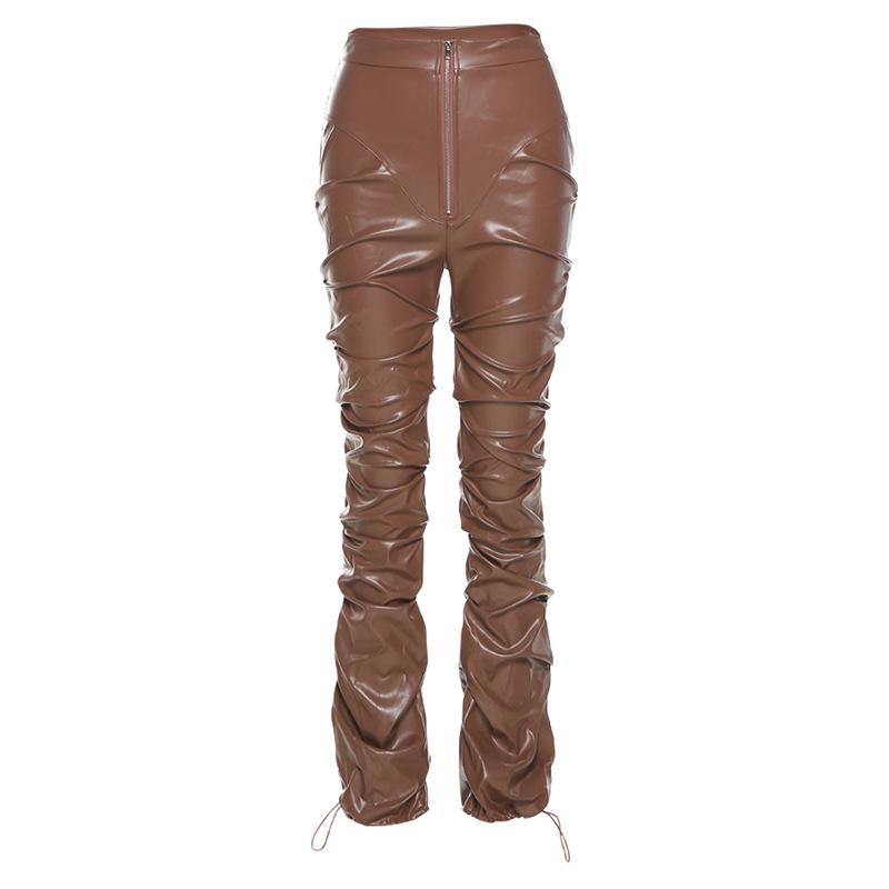 Zip-up ruched PU leather pant