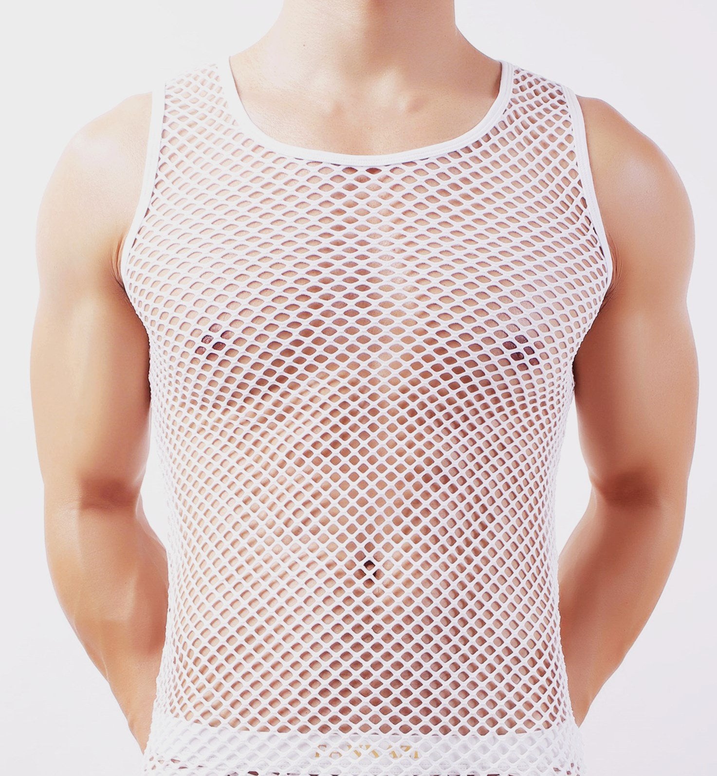 Wide shoulders mesh solid color round neck hollow vest tank