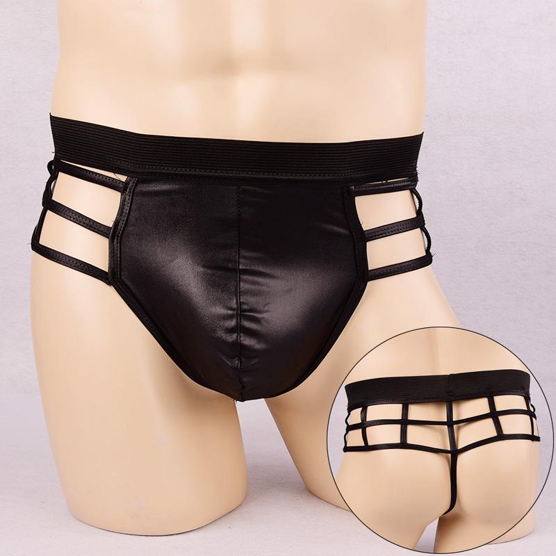 Men's patent leather large mesh hollow sexy thong