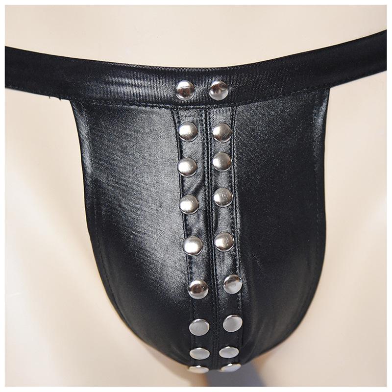 Men's Leather Black Rivet Thong Underwear