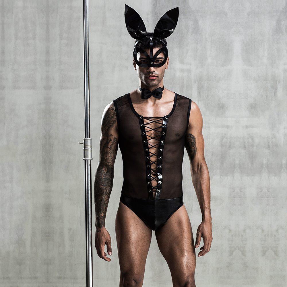 Men's Tight Sexy Strappy See-through Bunny Bodysuit