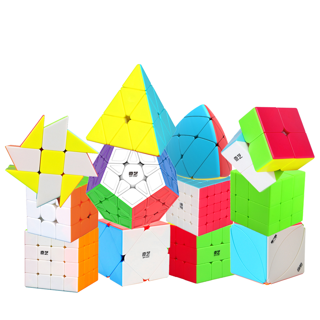 QiYi Speed Cube Set 2x2 3x3 4x4 5x5 Pyraminx Skewb Megaminx Windmill Axis Mirror Ivy Cube Bundle with Cubertime Cube Mat