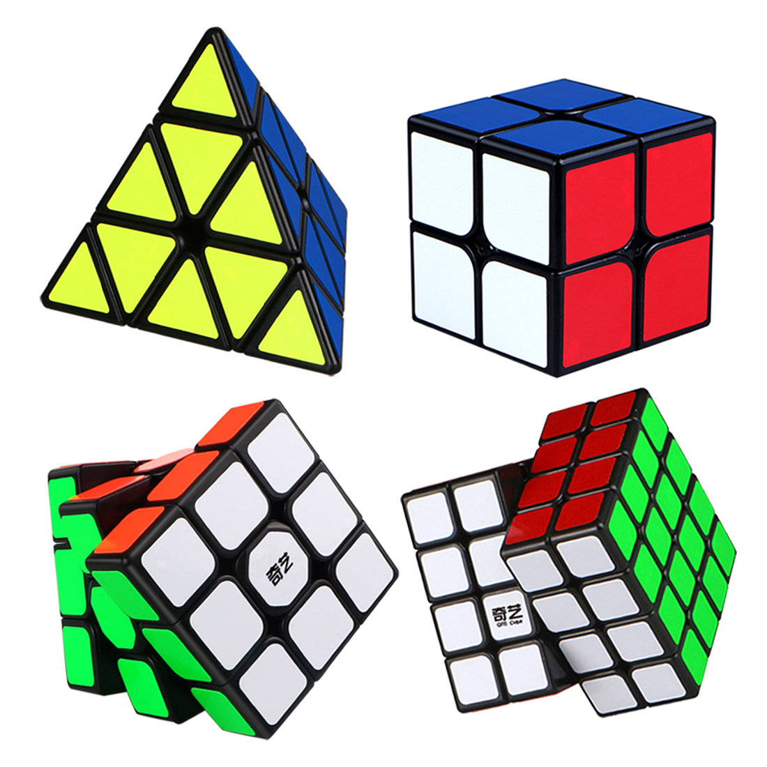 QiYi Speed Cube Set 2x2 3x3 4x4 Pyraminx Cube Bundle (Black)