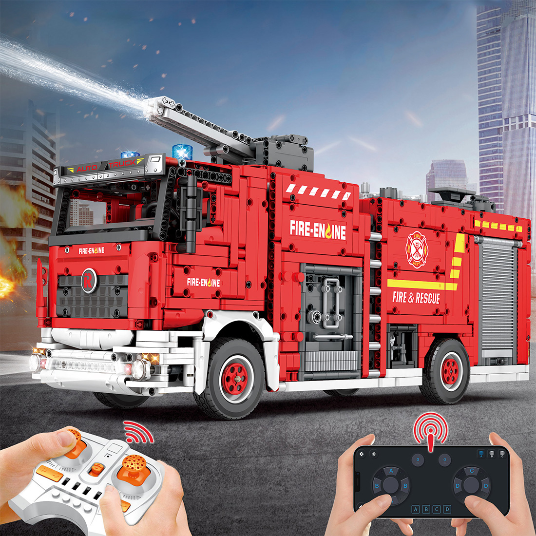888PCS Water Jet Fire Engine Building Blocks Set With LED Light