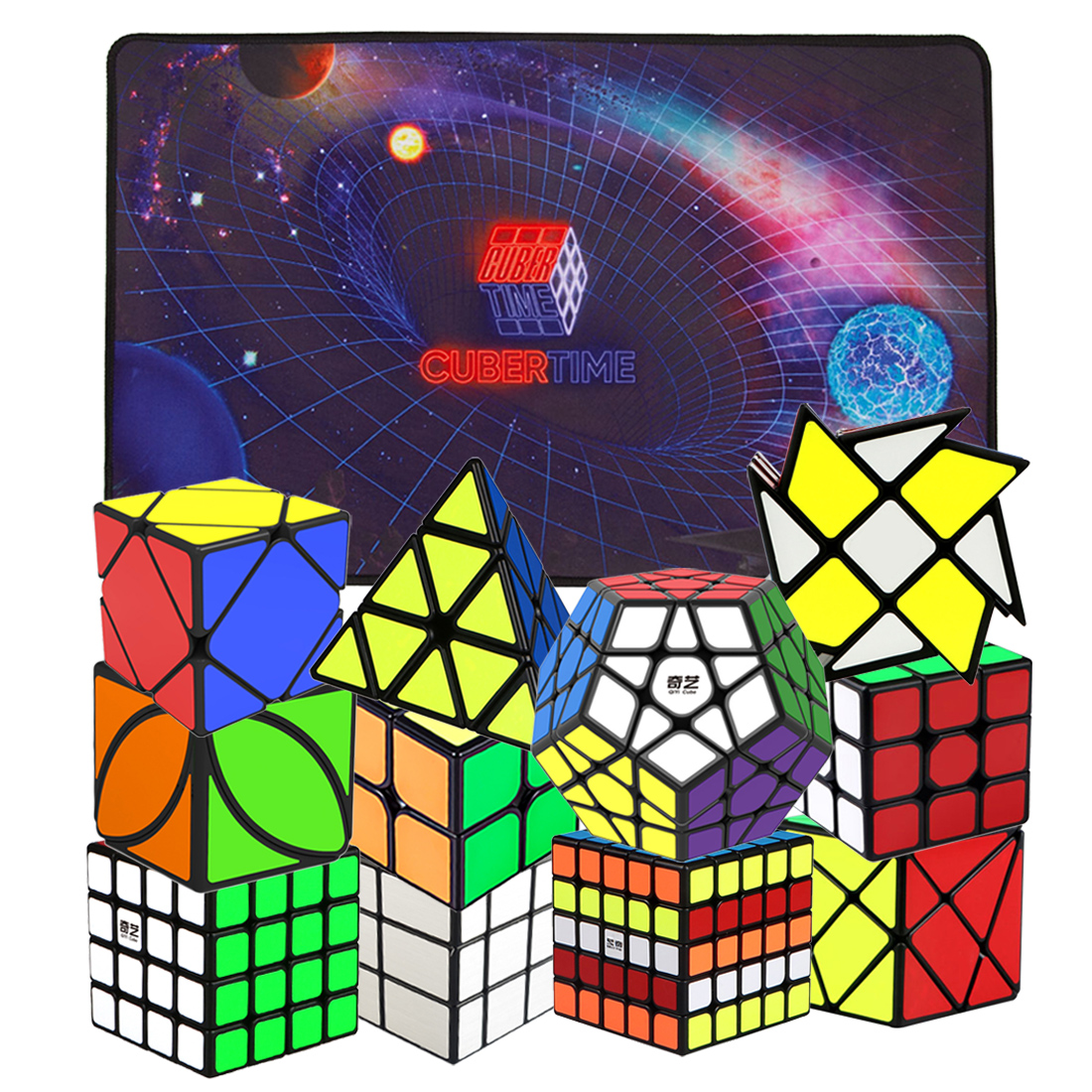QiYi Speed Cube Set 2x2 3x3 4x4 5x5 Pyraminx Skewb Megaminx Windmill Axis Mirror Ivy Cube Bundle with Cubertime Cube Mat