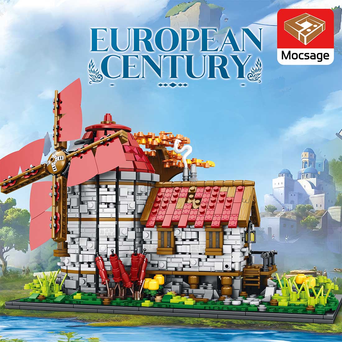 2,296PCS Mocsage Dutch Windmills Medieval Countryside Building Blocks Set 