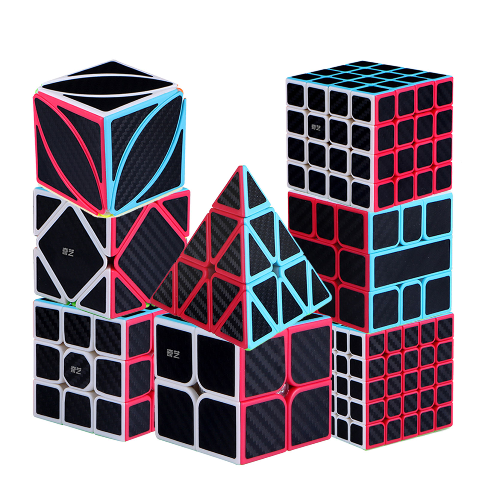QiYi Carbon Fiber Speed Cube Set 2x2 3x3 4x4 5x5 Pyraminx Ivy Skewb Square-1 Cube Bundle (Black)