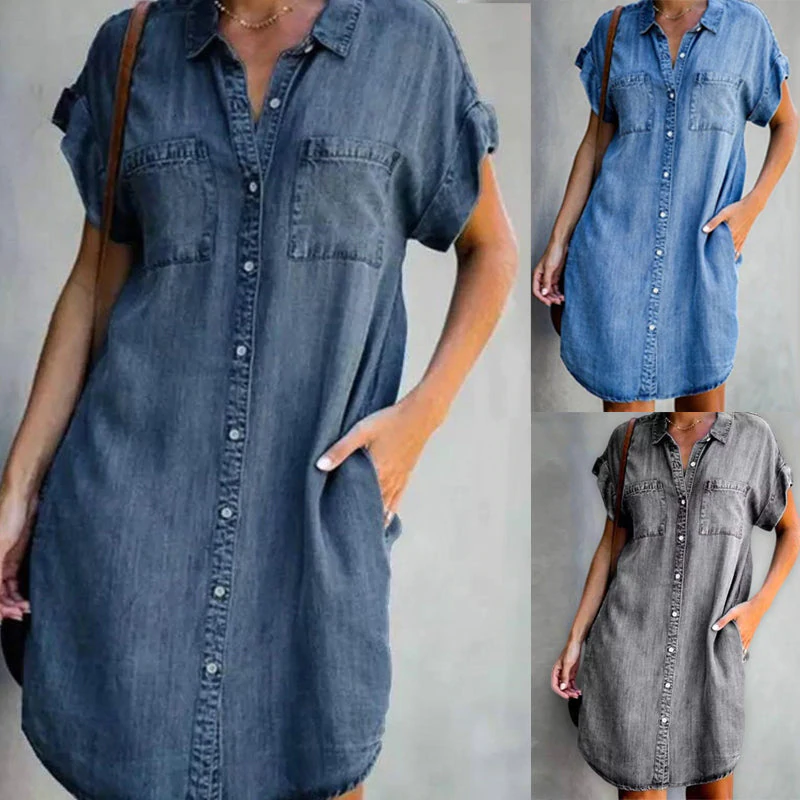 Vestido casual de mezclilla de manga corta - lvstorys